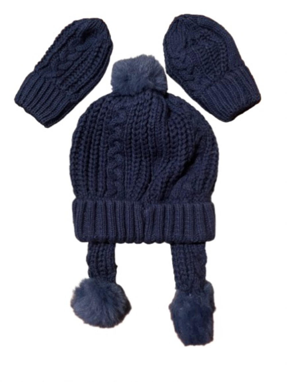 NWT Mayoral Newborn Baby Knit Pom-Pom Earflap Hat & Mittens Set - Navy
